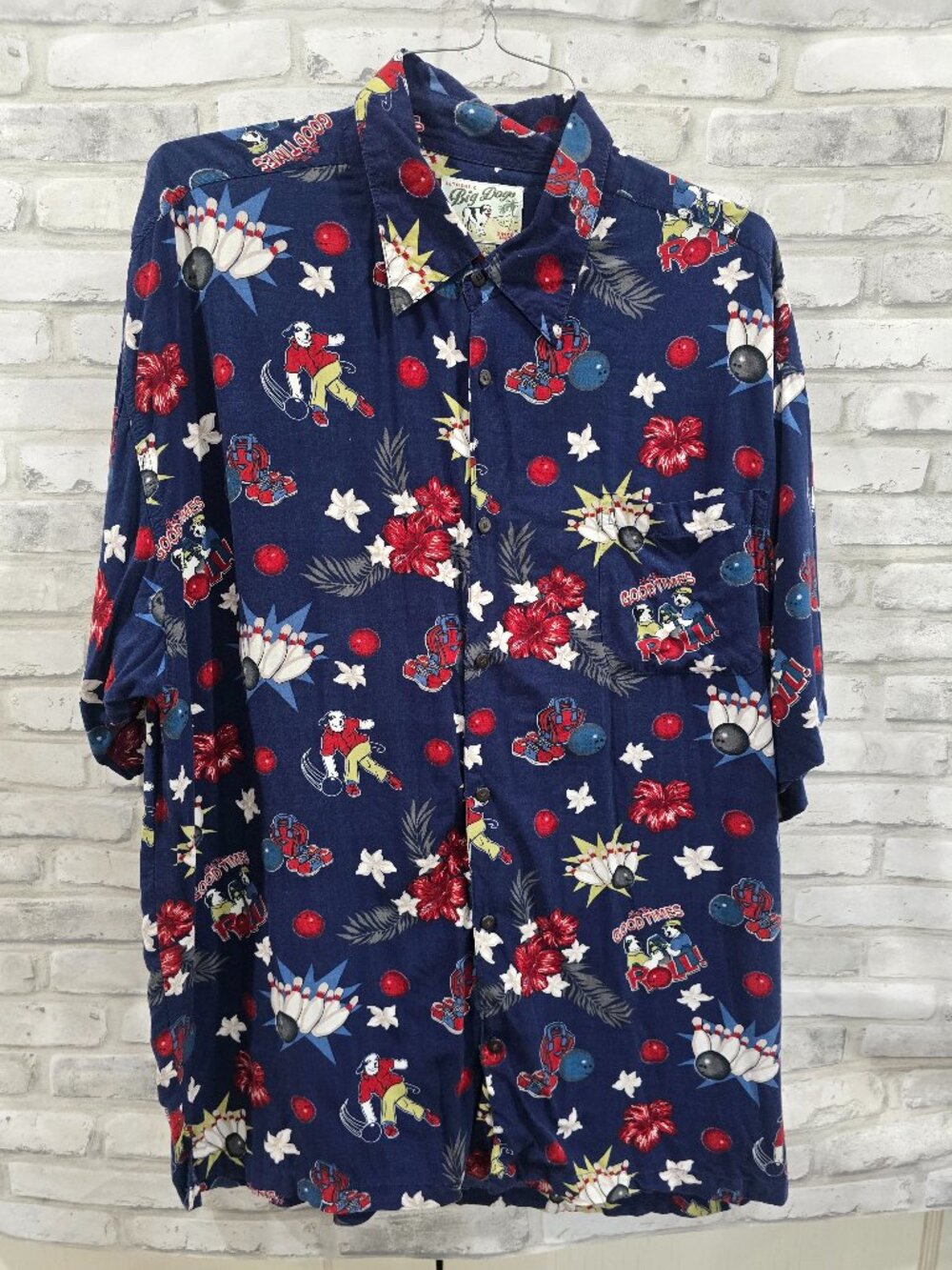 Vintage Big Dogs Shirt Mens XL Bowling Let the Good Times Hawaiian Button Down‎